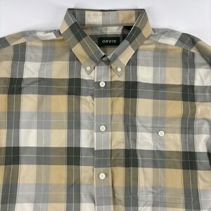 Orvis Men's No-Work Wrinkle Free Green/Cream Plaid Button Down Shirt Size XL
